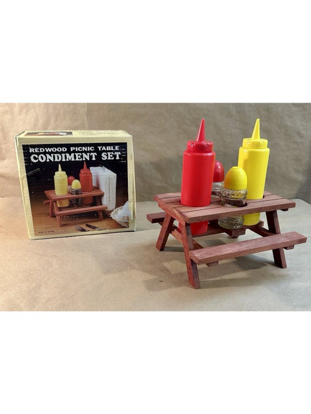 Vintage Redwood Picnic Table Condiment Set-No Napkin Rack-Original Box